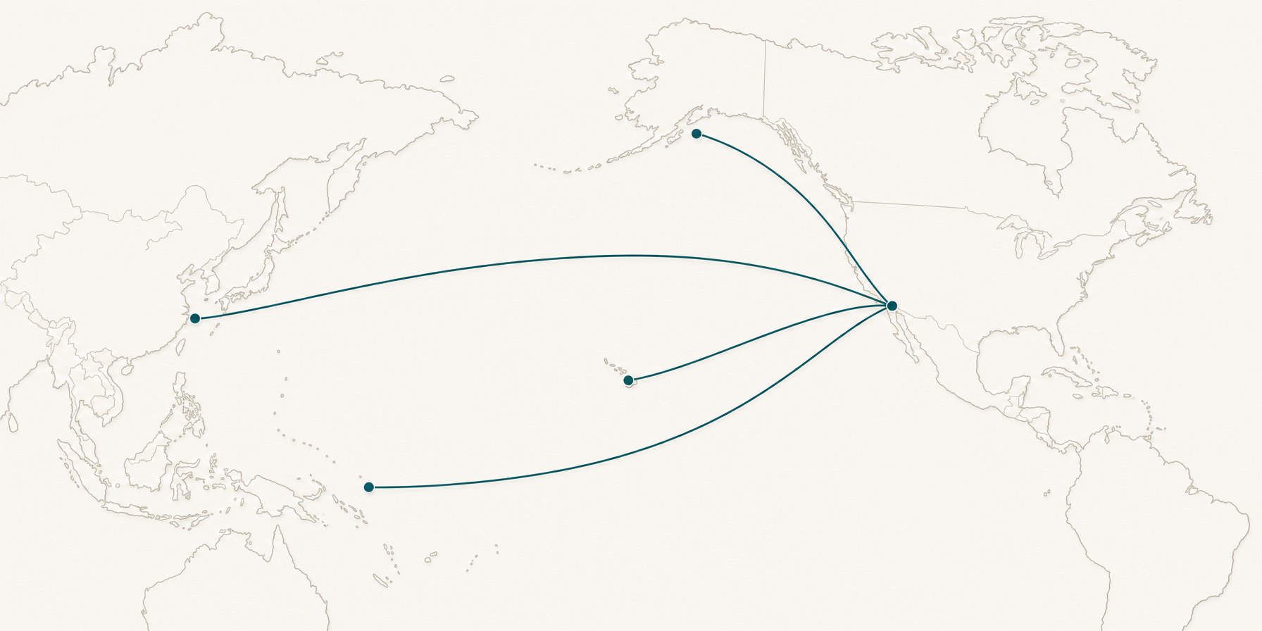 Map showing distribution routes from Long Beach, California to Hawaii, Alaska, Guam, and South East Asia